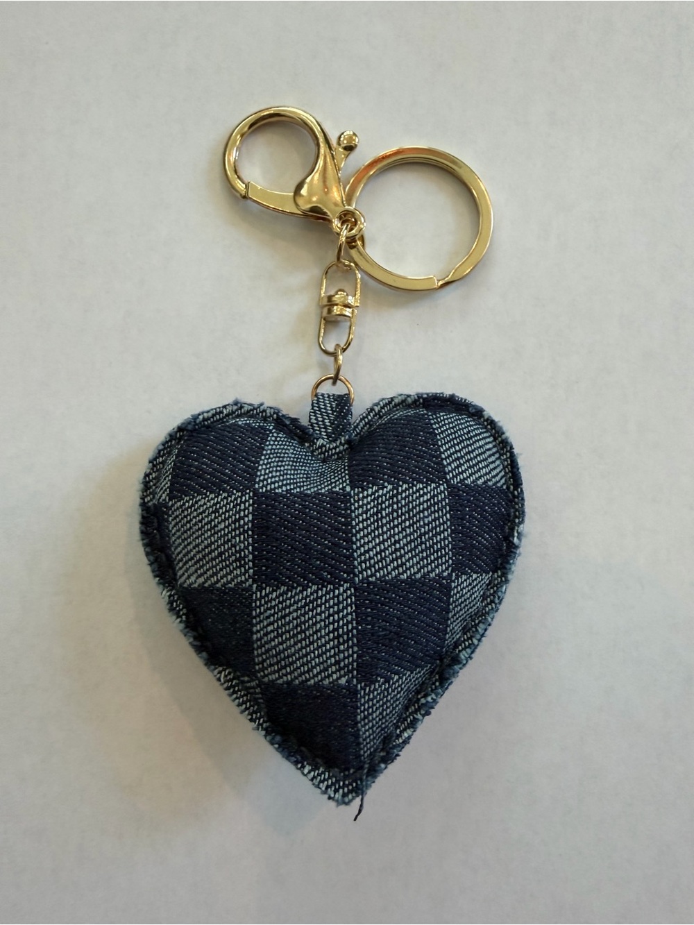 Denim Patchwork Heart Bag Charm Keychain Gold Tone